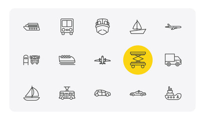 transportation outline icon set. thin line luxury yacht, public transport, sail boat, tugboat and more icons. editable vector © Farahim