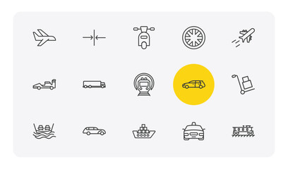 Obraz premium transportation outline icon set. thin line flights, slim, alloy wheel, caboose and more icons. editable vector