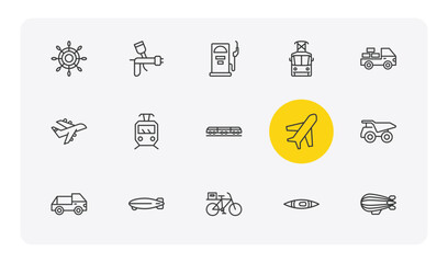 transportation outline icon set. thin line ship wheel, car painting, tram front view, zeppelin and more icons. editable vector © Farahim