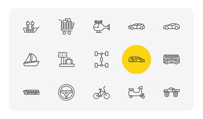 transportation outline icon set. thin line galleon, cart with boxes, suv, monster truck and more icons. editable vector © Farahim