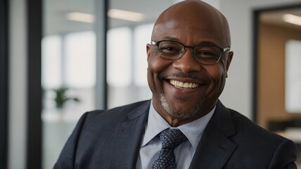 Fototapeta premium Confident Businessman Smiling in Modern Office Environment with Professional Attire and Glasses