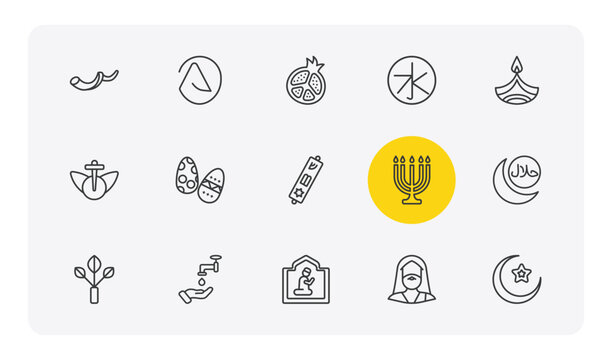 religion outline icon set. thin line shofar, atheism, confucianism, crescent moon and star and more icons. editable vector