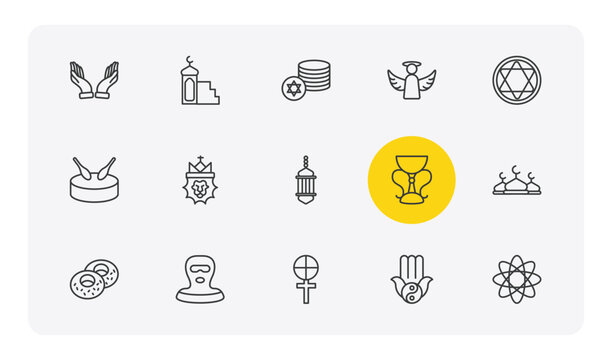 religion outline icon set. thin line dua hands, minbar, angel, agticism and more icons. editable vector