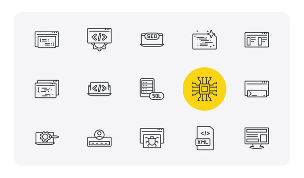 programming outline icon set. thin line code listing, optimization, clean code, program interface and more icons. editable vector