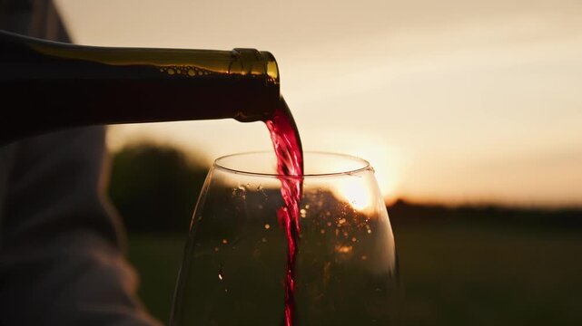 Red bordeaux wine flows gracefully into a glass, capturing the shimmering light of the sunset over the lush vineyard. A perfect evening moment awaits