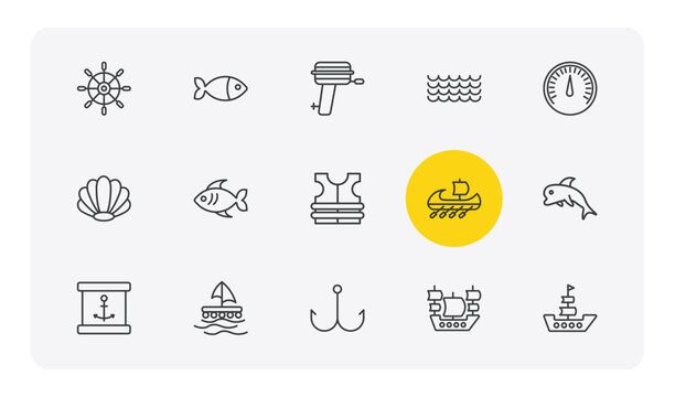 nautical outline icon set. thin line boat steering wheel, fish facing right, ocean waves, frigate and more icons. editable vector
