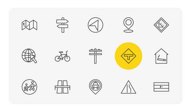 maps and flags outline icon set. thin line treasure map with x, divarication, locato, square flag and more icons. editable vector