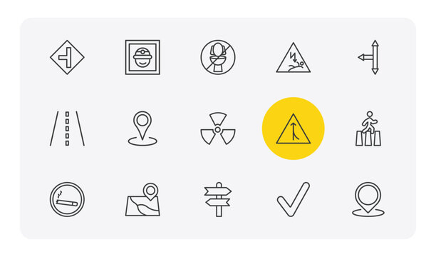 maps and flags outline icon set. thin line road left side, mine site, electrocution risk, location mark and more icons. editable vector