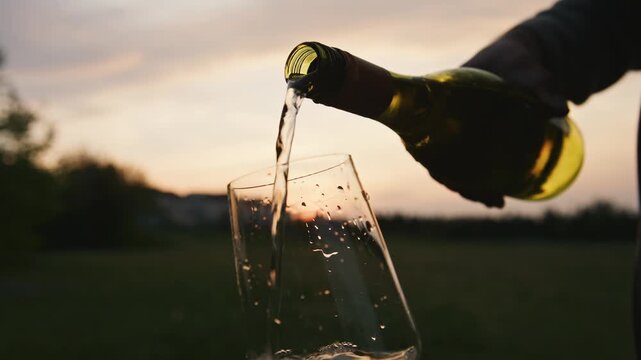 Soft sunlight glimmers as a person pours white wine into a glass. The bubbles dance and splash, embracing the flavors of a luxurious evening at the winery