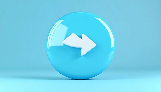 Glossy light blue circular button with white reply arrow icon isolated