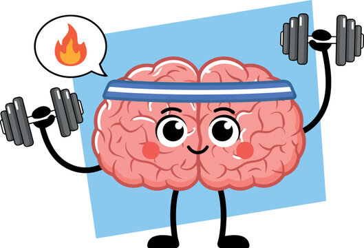 Cute Cartoon Brain Character Lifting Dumbbells Vector Illustration for Mental Fitness, Intellectual Strength, Memory Training, and Education Concepts