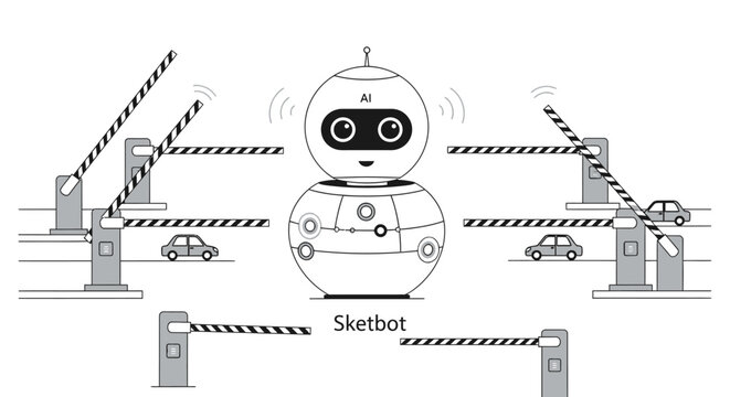 AI robot controls automated parking barriers for cars, smart technology concept