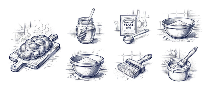 Baking challah bread ingredients illustration set featuring flour, yeast, honey, pastry brush, and fresh loaf on a wooden cutting board in vintage woodcut engraving style for kitchen recipe creations.
