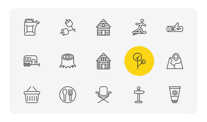 Fototapeta premium camping outline icon set. thin line gasoline, marshmallow, surfing, sun lotion and more icons. editable vector