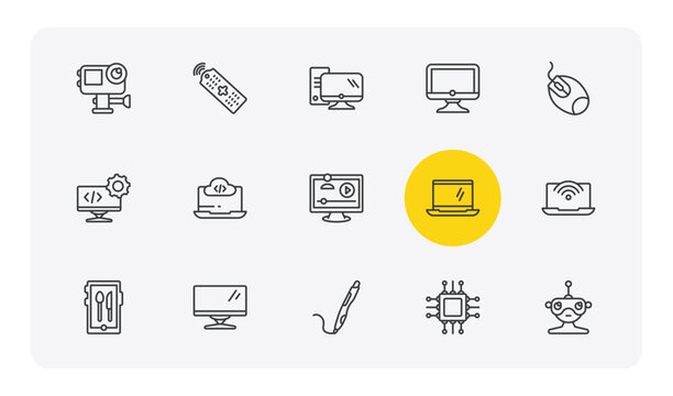 computer outline icon set. thin line action camera, tv controller, full computer, robotics and more icons. editable vector