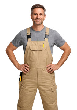 PNG Confident handyman in overalls smiling.