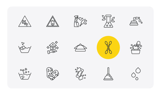 cleaning outline icon set. thin line wet floor, oxidizing agent, preservatives, liquid and more icons. editable vector