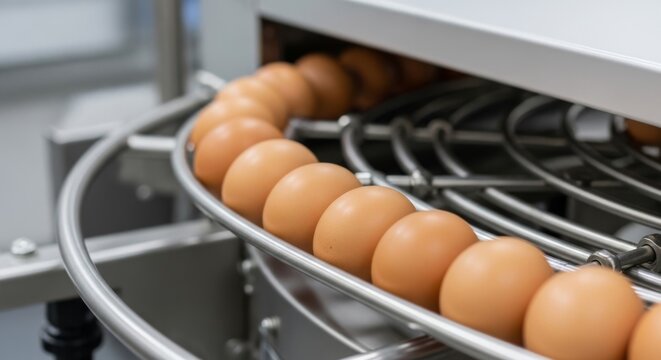 Fresh brown and white eggs on an automated conveyor belt in a modern egg production factory for sorting and packaging