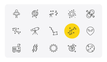 astronomy outline icon set. thin line space rocket, jupiter with satellite, supernova, big moon and more icons. editable vector © Farahim