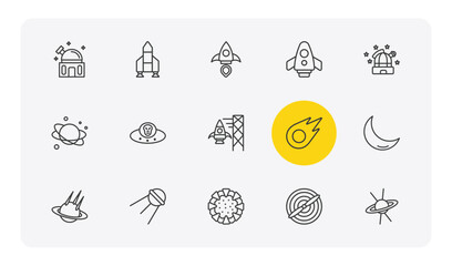astronomy outline icon set. thin line planetarium, launching shuttle, space shuttle, quasar and more icons. editable vector © Farahim