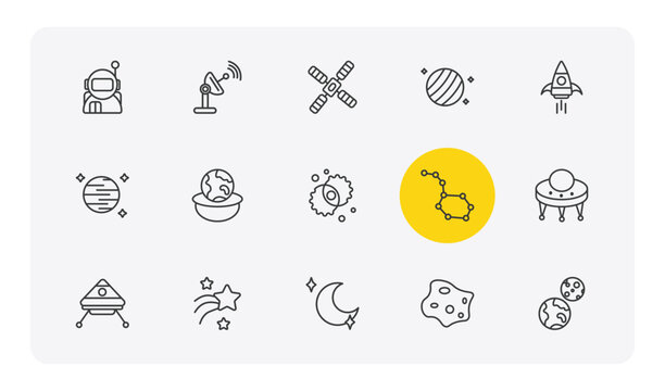 astronomy outline icon set. thin line astronaut user, voyager, uranus with satellite, earth and moon and more icons. editable vector
