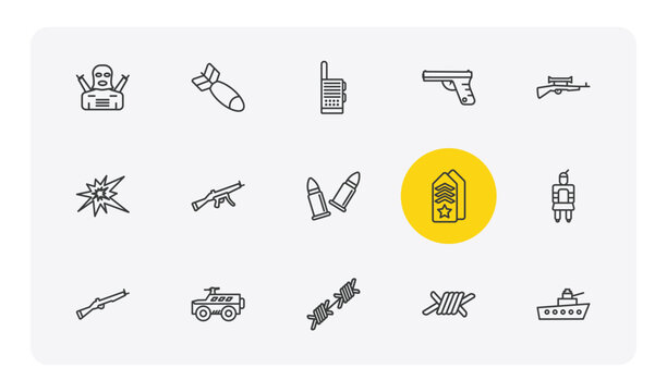 army and war outline icon set. thin line guerrilla, airplane bomb, pistol, naval and more icons. editable vector