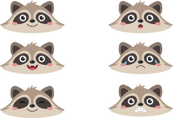 Naklejka premium Cute Raccoon Emoji Character Avatar Set with Various Facial Expressions and Emotions for Kawaii Stickers Apps Kids Graphic and Digital Designs