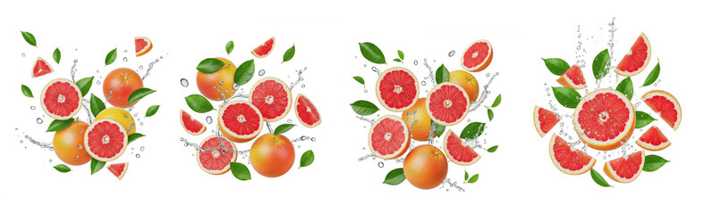 Naklejka premium Isolated grapefruit water splash set, fresh red citrus fruits and juicy ruby halves with green leaves falling in clear liquid drops, realistic pomelo elements for beverage and juice design, transparen