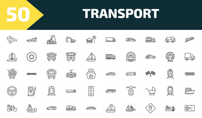 Obraz premium transport outline icon set. thin line flights, formula 1, inline skates, plane tickets and more icons. editable vector
