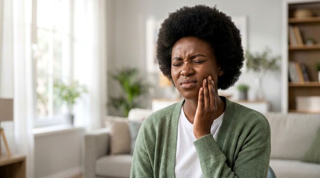 Attractive African woman holding jaw experiencing severe toothache and dental pain