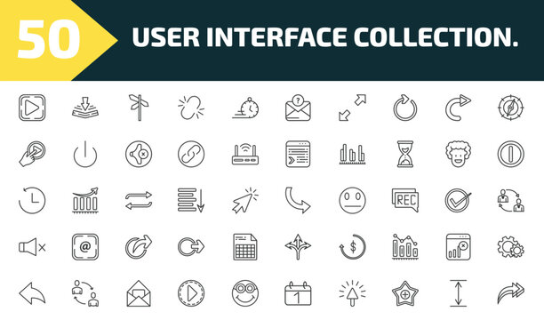 user interface collection. outline icon set. thin line play, bending, crossroads, 3d turn right arrow and more icons. editable vector