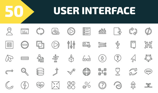 user interface outline icon set. thin line humans, window graphic, reload, crossed arrows and more icons. editable vector