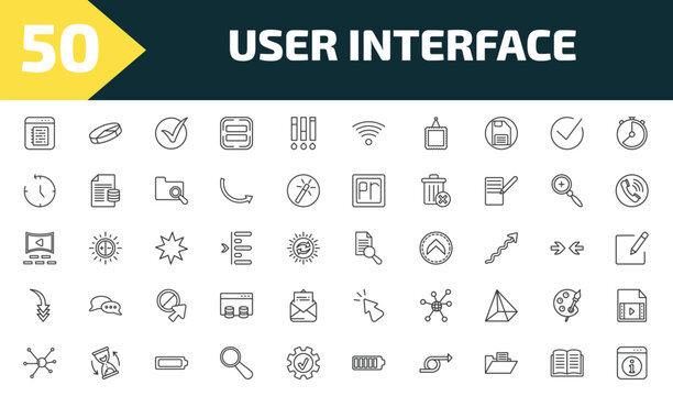 user interface outline icon set. thin line note blog, 3d pie chart, correct, information button and more icons. editable vector