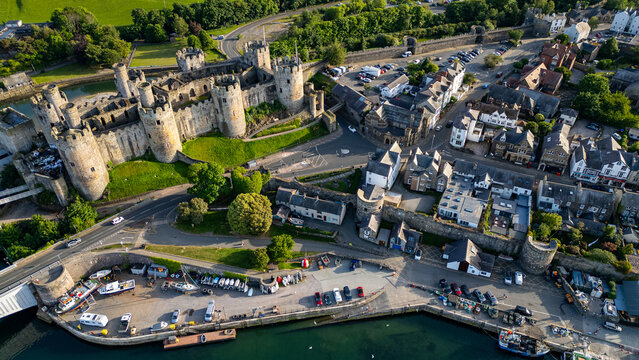 Aerial View of Historic Conwy Castle and Town