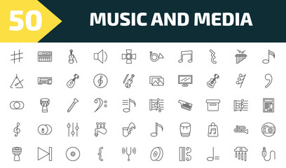 Fototapeta premium music and media outline icon set. thin line sharp, synthesizer, violoncello, jack connector and more icons. editable vector