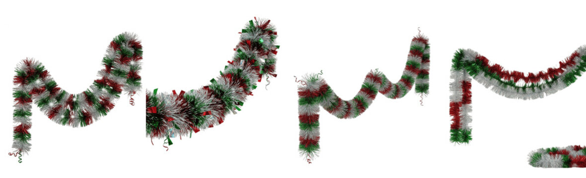 Isolated Christmas tinsel garland borders set, red white and green festive metallic streamers hanging in waves, colorful holiday tinsel wire for winter celebration decor, party hanging ornament elemen