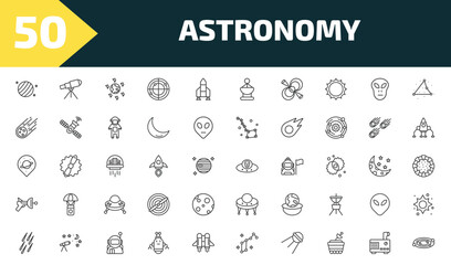 astronomy outline icon set. thin line uranus with satellite, telescope pointing up, space junk, galaxy view and more icons. editable vector © Farahim