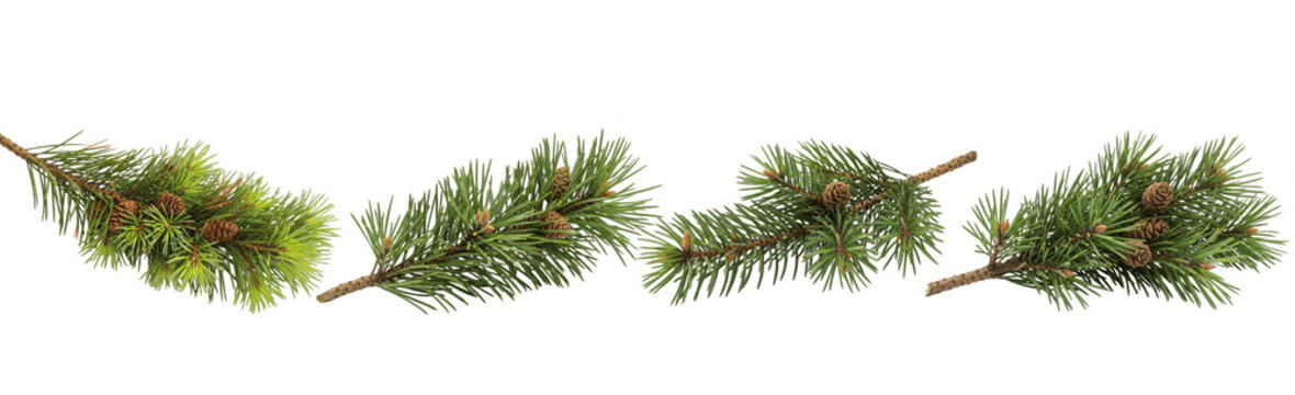 Isolated pine tree branches set, realistic green spruce twigs with small brown cones, winter conifer pine needles elements for Christmas and New Year design, evergreen foliage borders, transparent bac