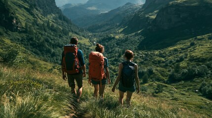 Obraz premium Couple Hiking Through Green Mountain Valley on a Summer Day With Backpack in Hand and Sunlight Shining on the Golden Grass
