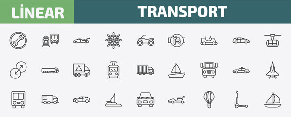 Obraz premium transport outline icon set. thin line repair, public transportation, wrecker, micro scooter and more icons. editable vector