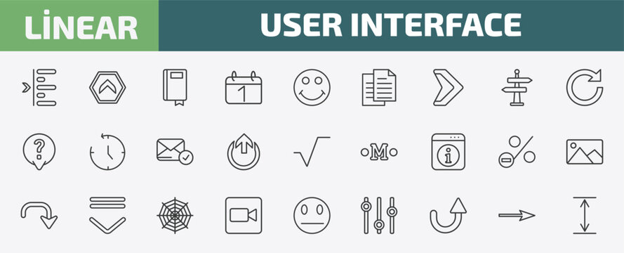 user interface outline icon set. thin line left side alignment, top button, ribbon from a book, arrow pointing right and more icons. editable vector