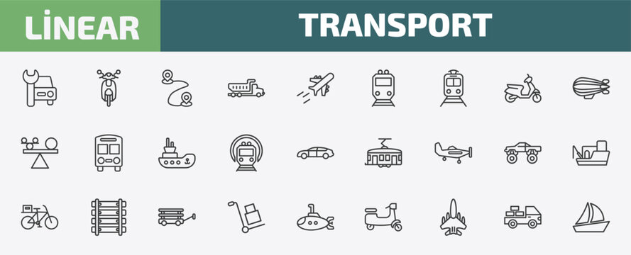 transport outline icon set. thin line car repair, scooter front view, way, loaded truck side view and more icons. editable vector
