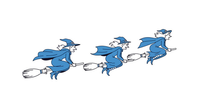 Three witches on brooms, cartoon style, Halloween, isolated on white background