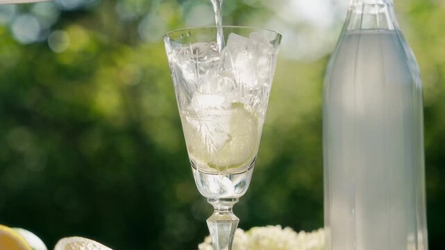 Refreshing Elderflower Lemonade Poured Into Crystal Glasses in Garden