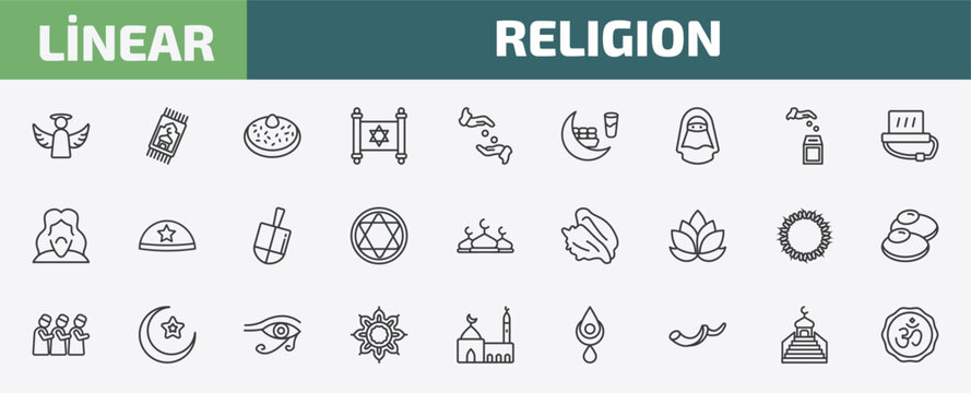 religion outline icon set. thin line angel, islamic praying carpet, sufganiyah, islamic minbar and more icons. editable vector