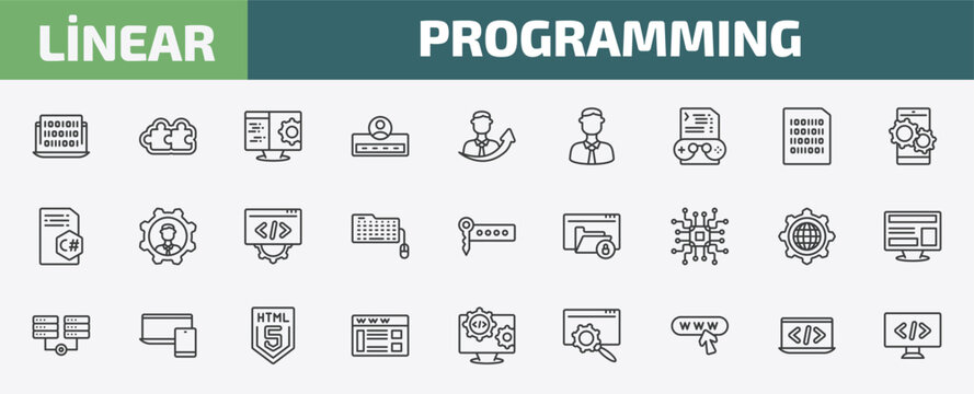 programming outline icon set. thin line binary code, addon, computing, programming language and more icons. editable vector