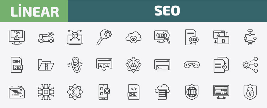 seo outline icon set. thin line program error, smart car, simulation, adaptive layout and more icons. editable vector