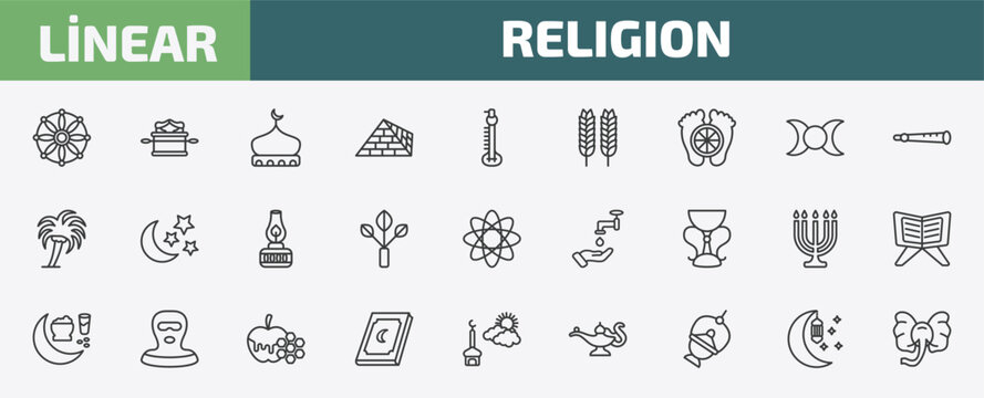 religion outline icon set. thin line dharma, ark of the convenant, mosque domes, ramadan month and more icons. editable vector