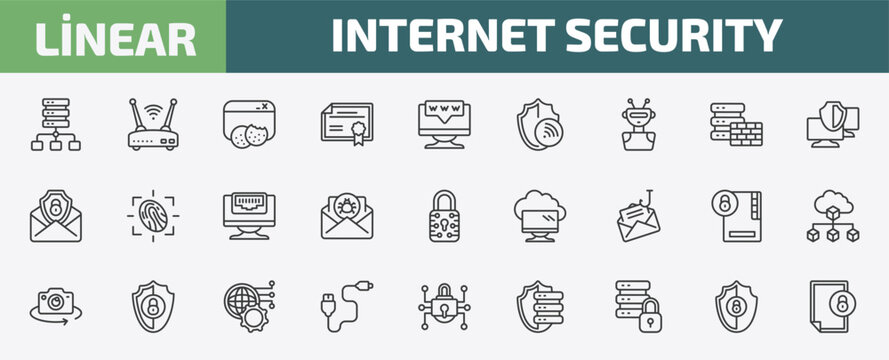 internet security outline icon set. thin line proxy server, wireless router, web cookies, gdpr shield and more icons. editable vector