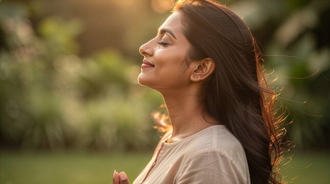 Woman breathing deeply outdoors in the soft golden hour sunlight enjoying a peaceful moment of connection with nature and calm.